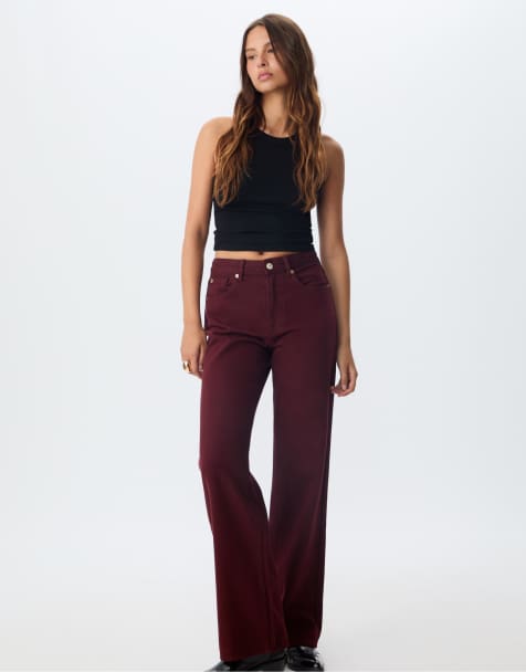 Stradivarius – D92 – Vinröda, raka jeans med vida ben - view 1