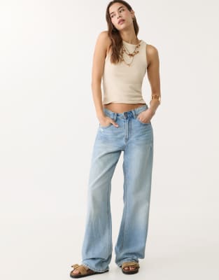 Stradivarius D92 wide leg jeans in dark black-Blue