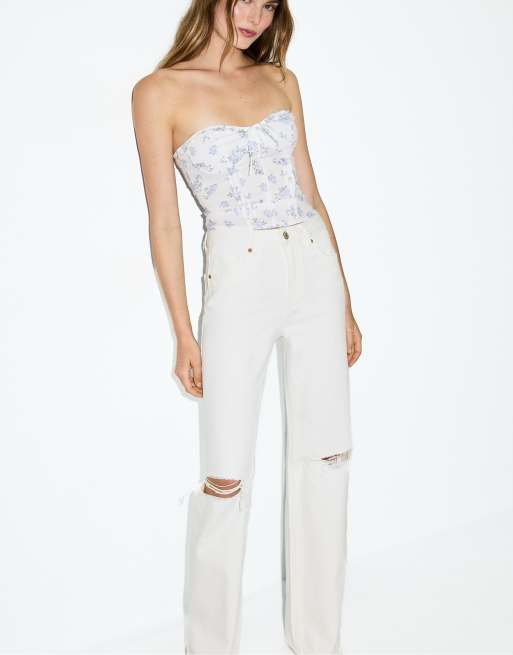 Stradivarius – D92 – Zerrissene Straight Jeans in Ecru mit weitem Bein, 3 von 4