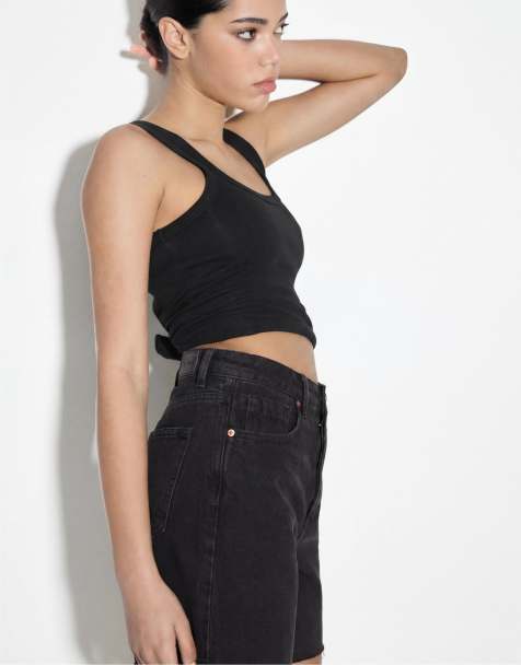 Stradivarius – D93 – Bleksvarta, långa jeansshorts med revor - view 1