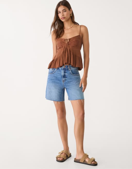 Stradivarius D93 longline denim shorts in overdyed blue ASOS