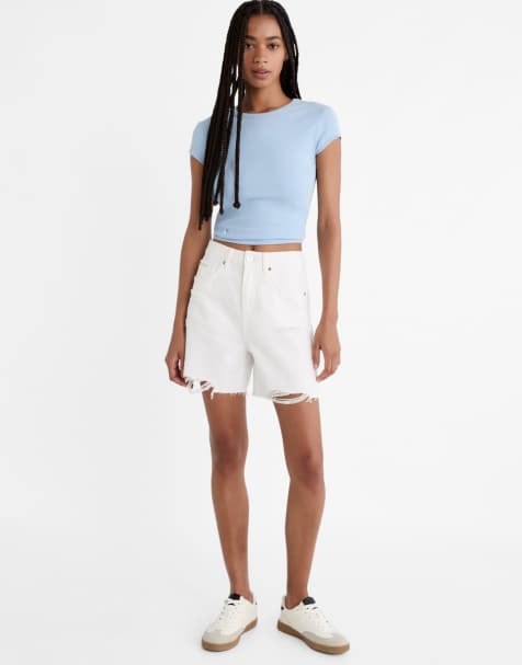 Stradivarius D93 longline denim shorts in white - view 1