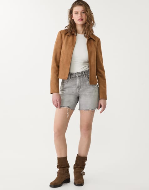Stradivarius – D93 – Longline-Jeansshorts in Mittelgrau - view 1