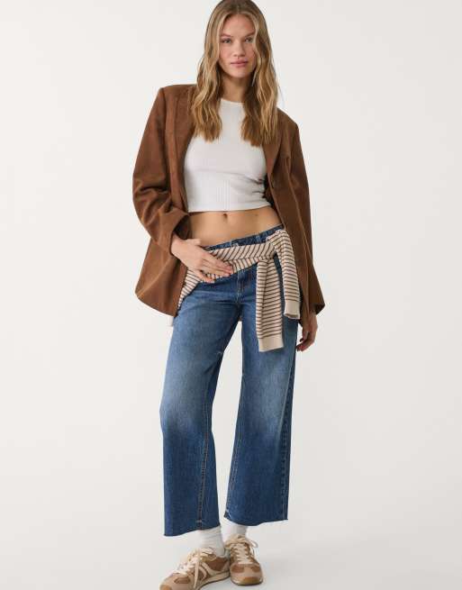 Stradivarius - D96 - Cropped jeans i overfarvet blå i lige pasform
