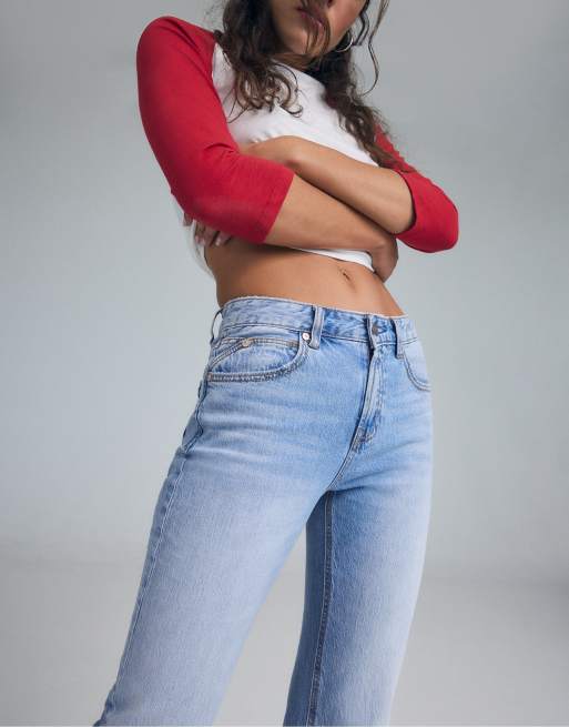 Stradivarius D98 jeans dritti effetto vintage in denim azzurro medio chiaro, 4 di 7