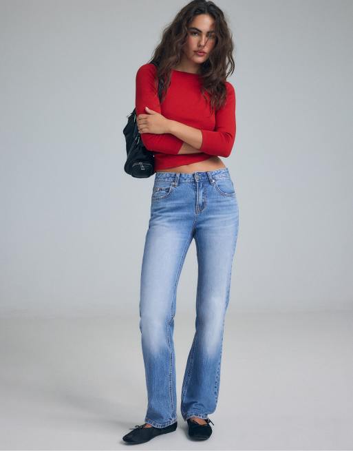 Stradivarius D98 jeans dritti effetto vintage in denim blu medio, 5 di 7