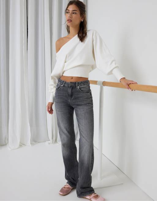 Stradivarius D98 Jeans mit geradem Bein im Vintage-Look in dunkelgrauer Denim-Waschung