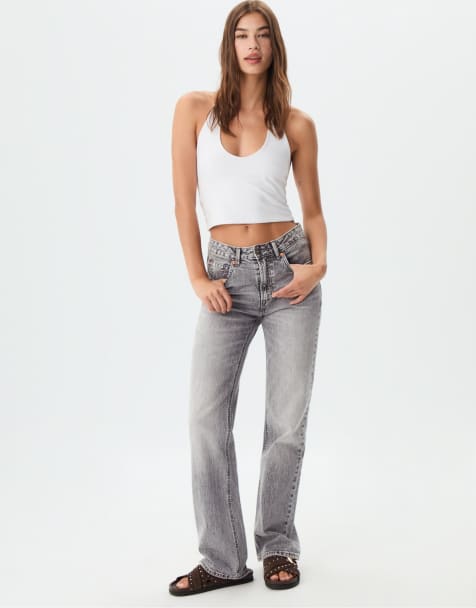 Stradivarius D98 straight leg vintage effect jeans in medium grey