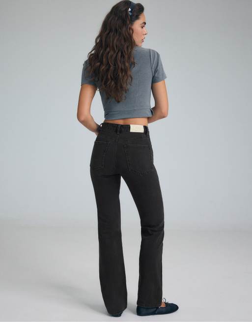 Stradivarius D98 Tall straight-leg jeans in black denim washed effect, 3 of 7