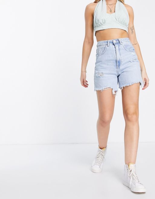 Stradivarius Super High Waist Denim Short With Rip in Blue