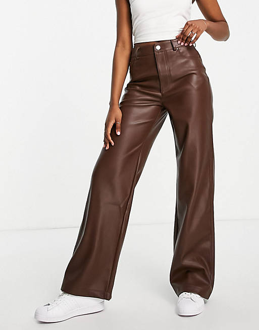 Stradivarius dad faux leather pants in chocolate brown