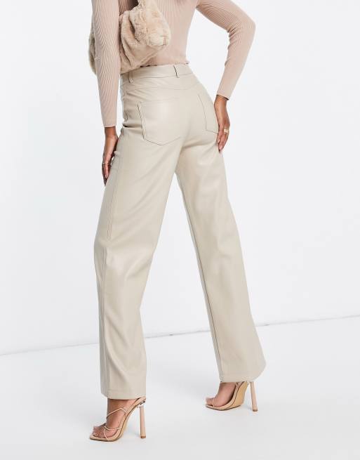 Stradivarius dad faux leather pants in cream ASOS - Main Image