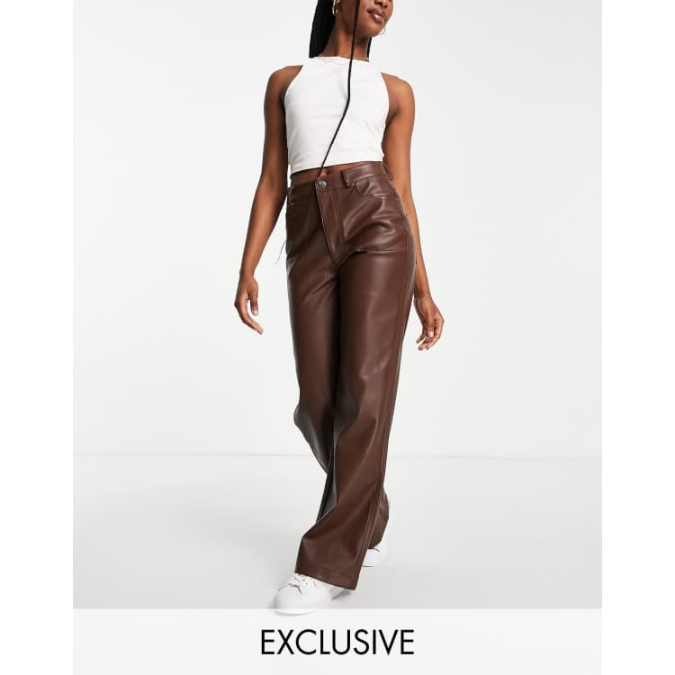 Stradivarius dad faux leather trousers in chocolate brown