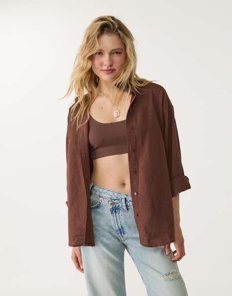 Stradivarius – Daily – Brun skjorta i linnemix - view 1