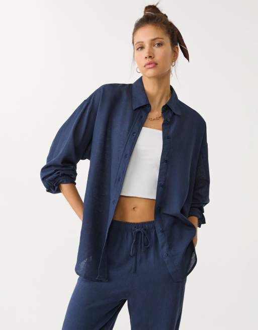 Stradivarius - Daily - Camicia in misto lino blu