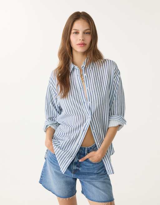 Stradivarius - Daily - Camicia in misto lino blu