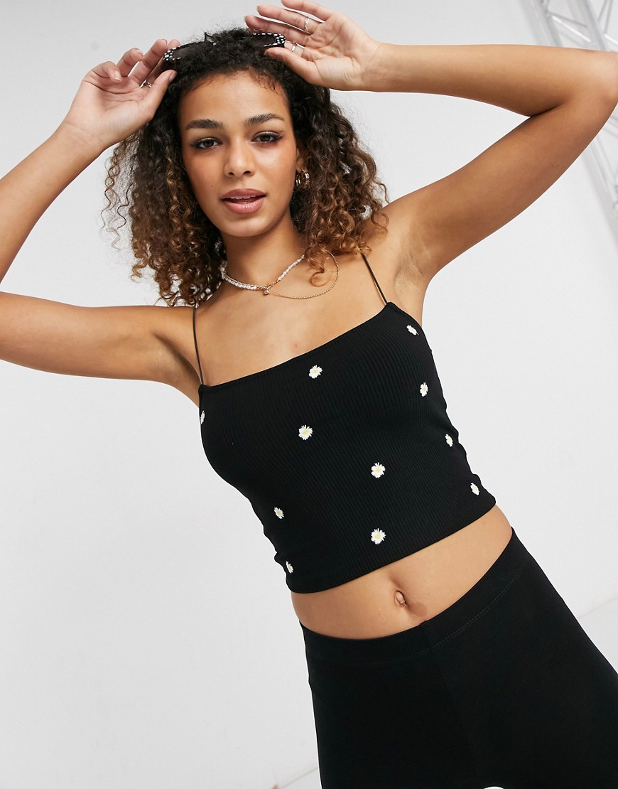 Stradivarius daisy embroidered strappy cami in black - part of a set