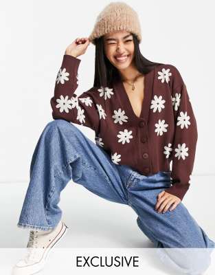 Stradivarius daisy pattern cardigan in chocolate brown - ASOS Price Checker