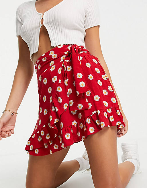 Stradivarius daisy print wrap mini skirt in red