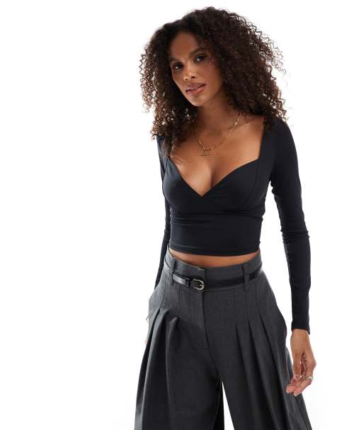 Stradivarius deep v long sleeve top in black - view 1
