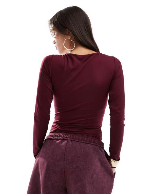 Stradivarius deep v neck long sleeve body in burgundy ASOS