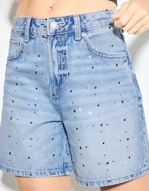 Stradivarius Denim bermuda shorts with rhinestones in medium light blue denim, 2 of 4