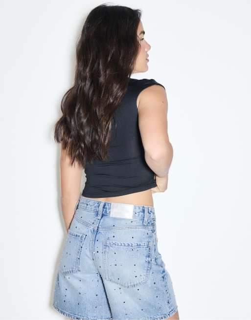 Stradivarius Denim bermuda shorts with rhinestones in medium light blue denim, 3 of 4