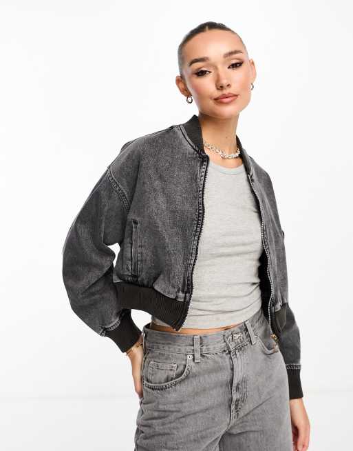 Stradivarius denim bomber jacket in washed black | ASOS