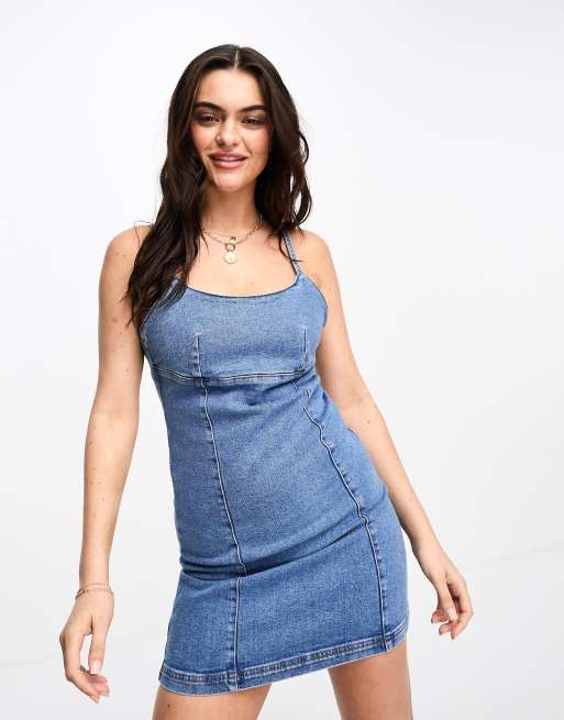 Stradivarius denim cami mini dress in medium blue レディース-