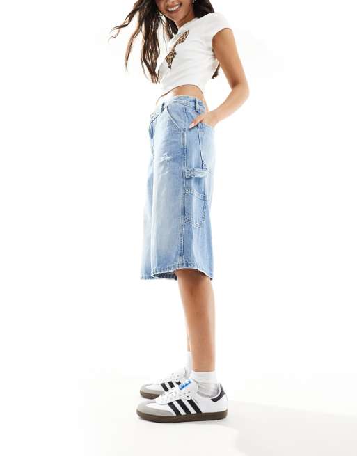 Stradivarius denim carpenter jorts in medium blue 