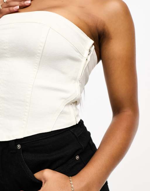 Stradivarius denim corset top in white 