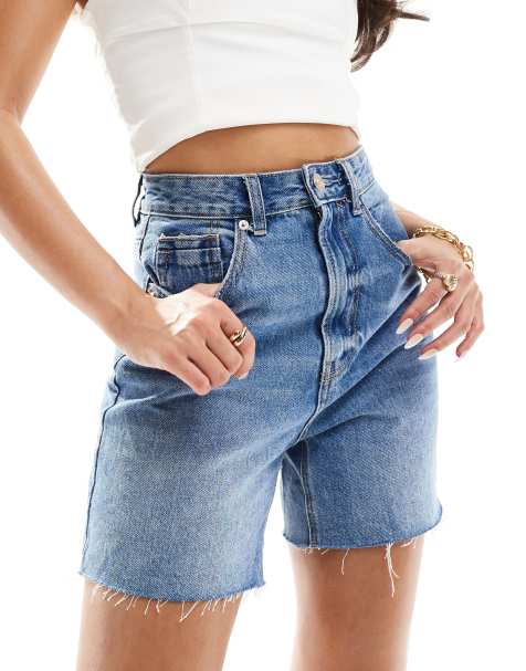 Stradivarius denim dad shorts in medium blue - view 1