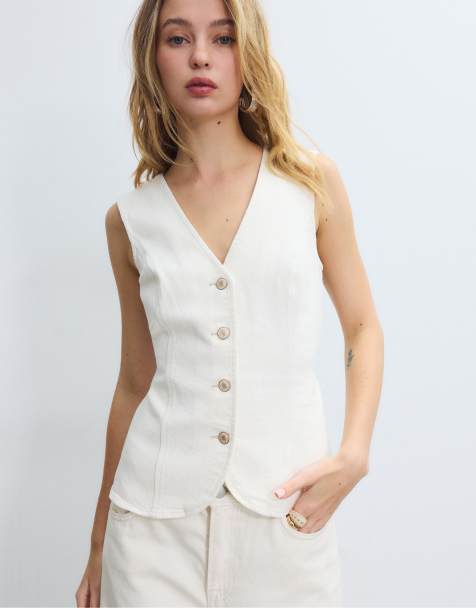 Stradivarius Denim fitted top in vanilla - view 1