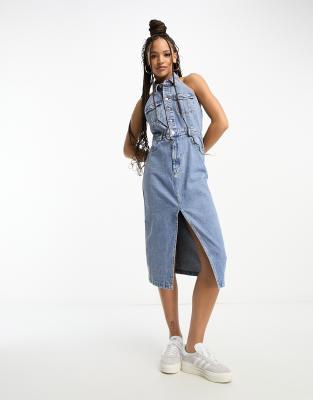 Stradivarius denim halter midi dress in light blue 
