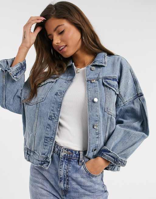 Stradivarius denim jacket with elastic band in blue | ASOS