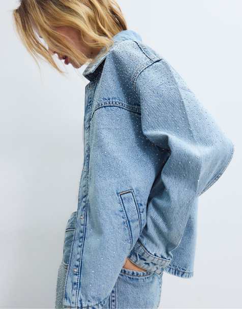 Stradivarius Denim jacket with patch pockets and rhinestones in medium light blue denim