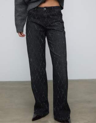 Stradivarius - Denim-Jeans in verwaschenem Schwarz mit Strassverzierung-Grau