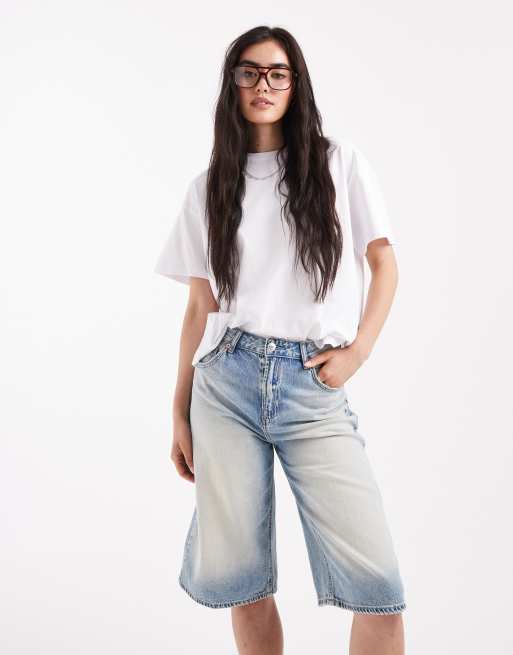 Stradivarius denim jort with tie waist detail in light blue