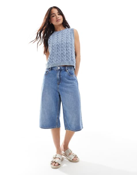 Stradivarius denim jorts in medium wash blue - view 1