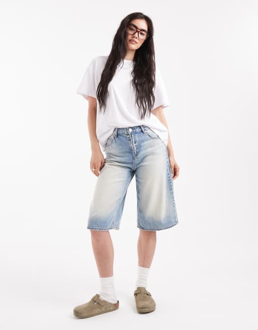 Stradivarius denim jorts with tie waist detail in light blue