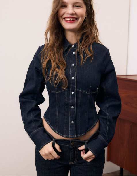 Stradivarius - Denim korsetoverhemd in overdyed blauw denim - view 1