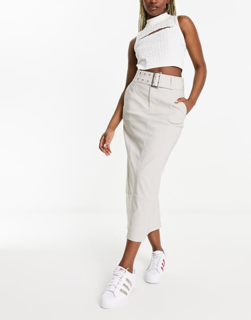 Stradivarius - Denim maxi rok met gespdetail in stone 