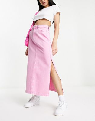 Stradivarius denim maxi skirt with side split in washed pink