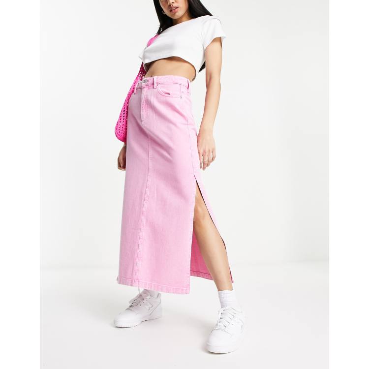 Stradivarius denim maxi skirt with side split in washed pink