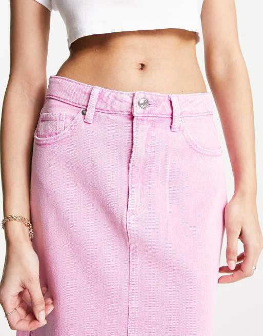 Stradivarius denim maxi skirt with side split in washed pink