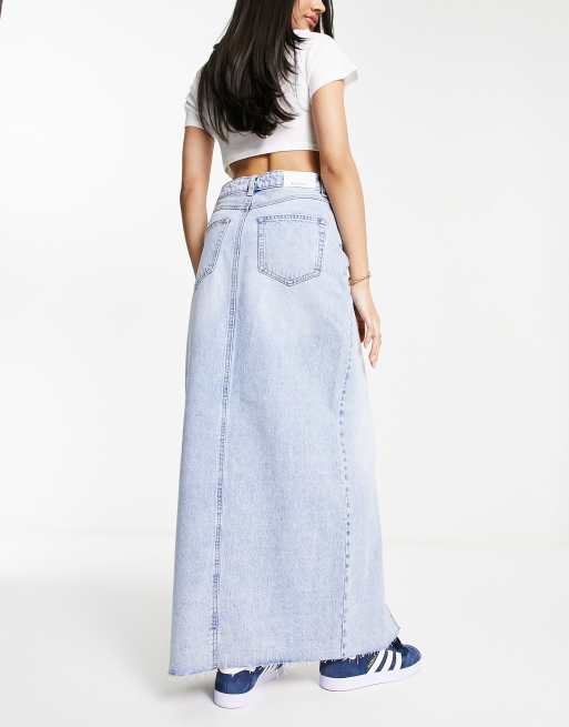 Stradivarius denim maxi skirt with slit front in medium blue