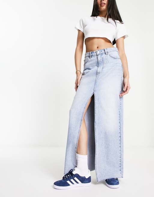 Stradivarius denim maxi skirt with split front in medium blue