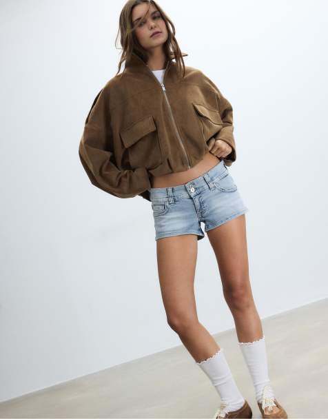 Stradivarius Denim micro shorts in medium light blue denim