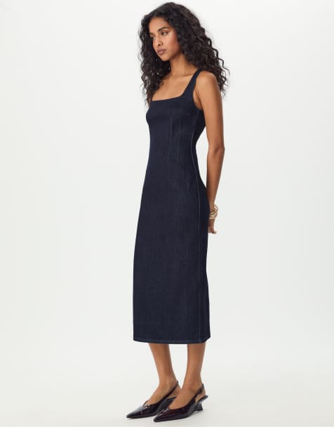 Stradivarius Denim midi dress in overdyed blue denim - view 1
