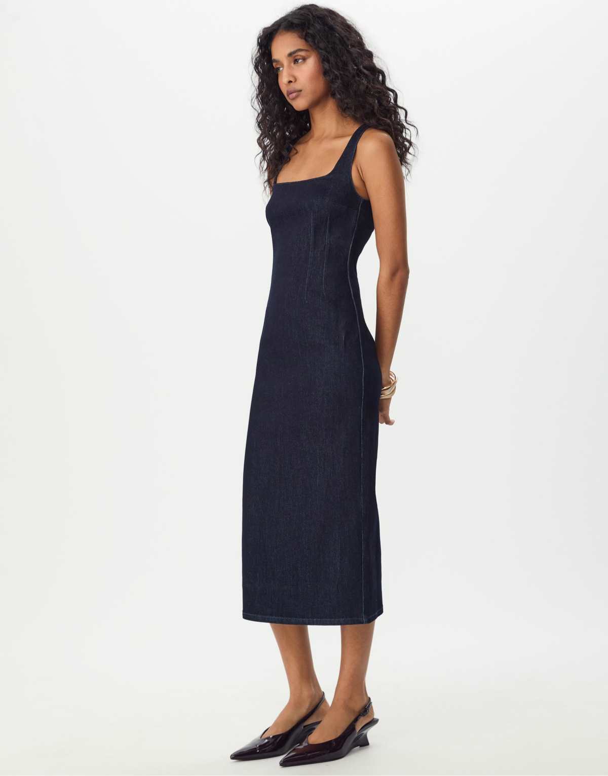 Stradivarius Denim midi dress in overdyed blue denim